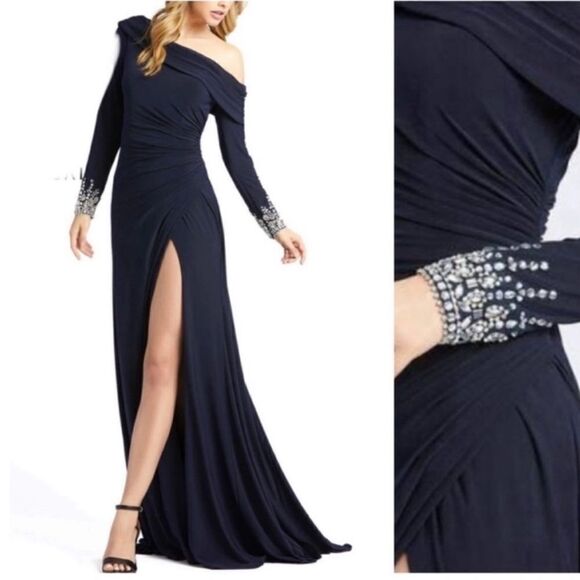 Mac Duggal 12231 Long Sleeve Jeweled Cuff Gown Midnight Blue NWT $398